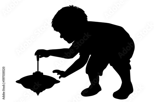 Children silhouettes. Little boy playing with a spinning top toy. Vector illustration.	
