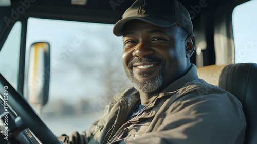 Happy black truck driver in the truck with copy space