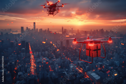 Drones equipped with heart-shaped gifts navigate the twilight sky above a vibrant city, illuminating the horizon as they deliver joy and romance. photo