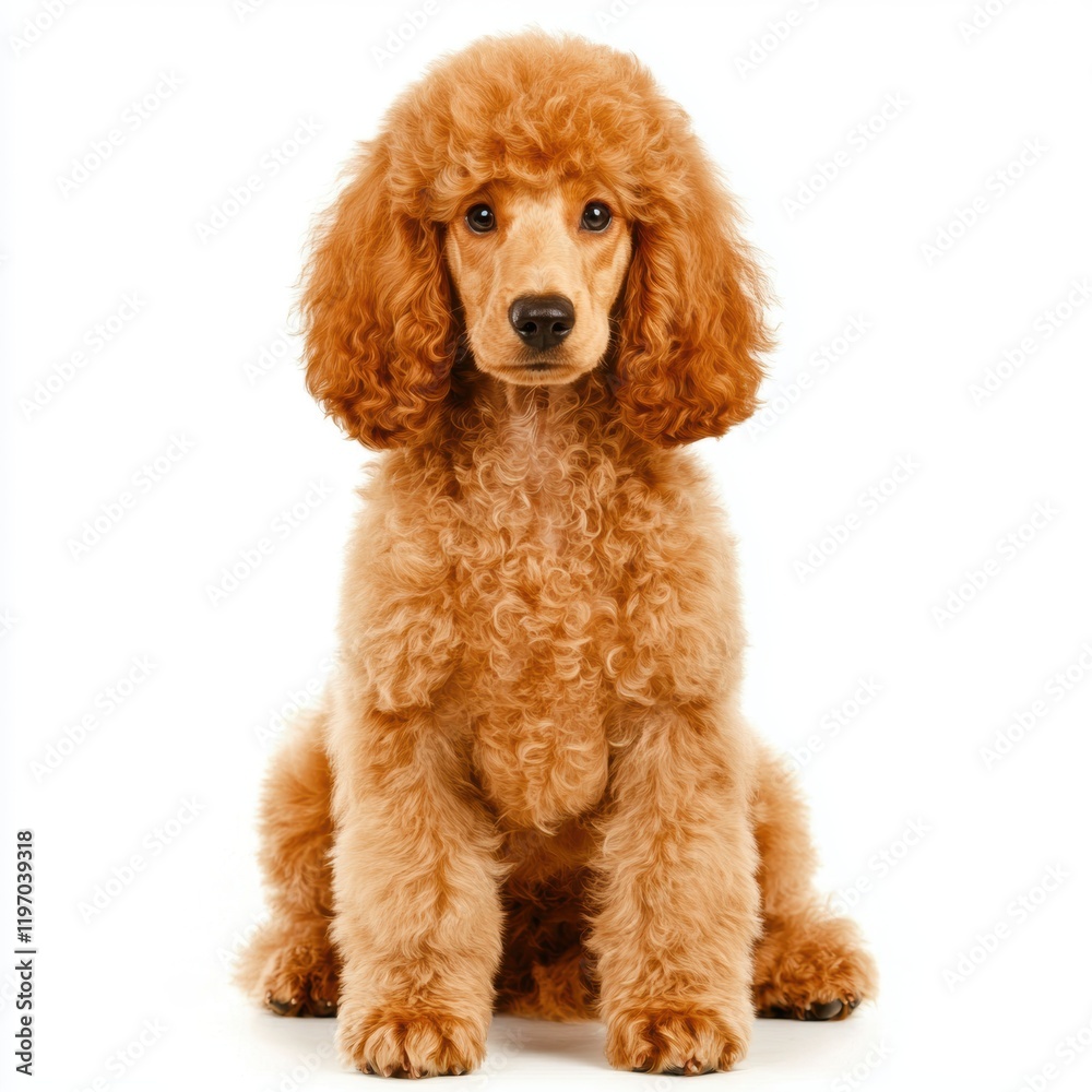 Adorable curly-haired dog sitting against a white background Adorable curly-haired dog sitting against a white background