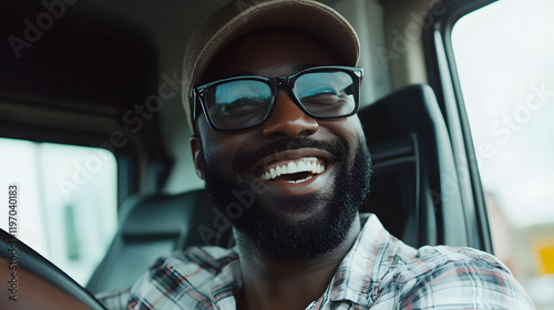 Happy black truck driver in the truck with copy space
