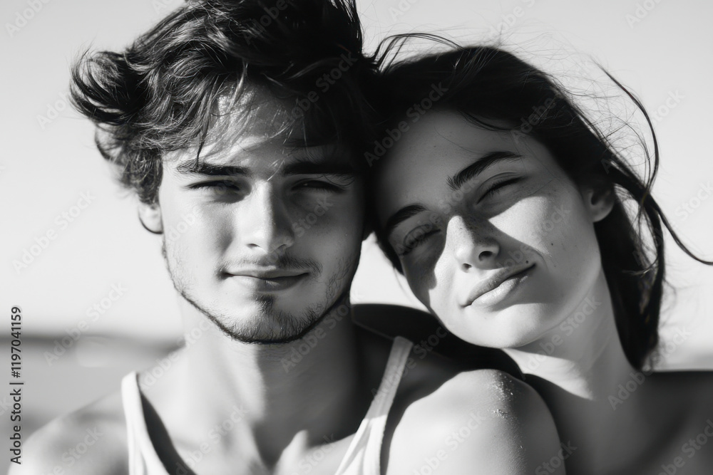 Fototapeta premium Intimate black and white portrait of young caucasian couple sharing tender moment, authentic relationship and emotional connection photography