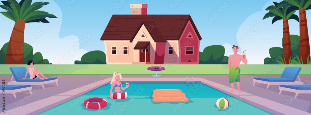 Vector illustration of scene at a house with a swimming pool with girls and guy. Vector illustration of scene at a house with a swimming pool with girls and guy.