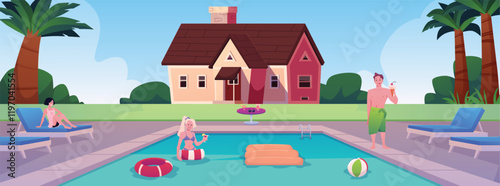 Vector illustration of scene at a house with a swimming pool with girls and guy.