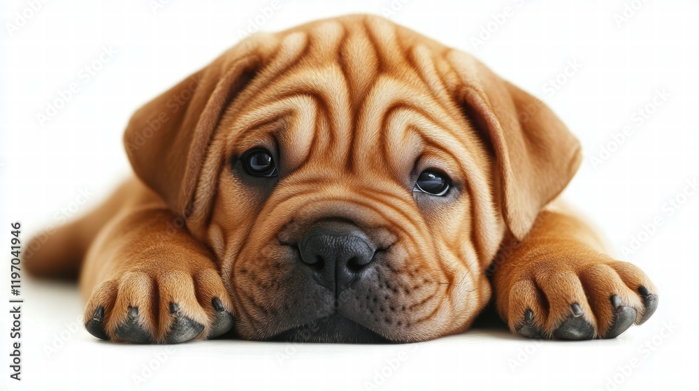 Adorable shar pei puppy relaxing on white background cute pet portrait studio setting close-up Adorable shar pei puppy relaxing on white background cute pet portrait studio setting close-up