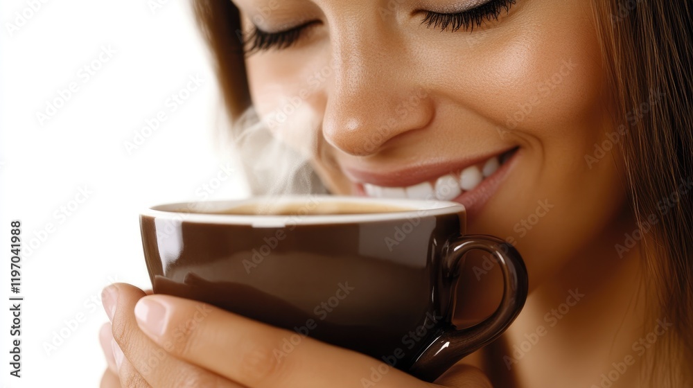 Coffee Delight: A woman savors the aroma of freshly brewed coffee, her eyes closed in pure contentment, a smile playing on her lips. Coffee Delight: A woman savors the aroma of freshly brewed coffee, her eyes closed in pure contentment, a smile playing on her lips.