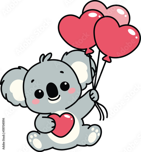Cute koala holding heart shape balloons cartoon, vector illustration