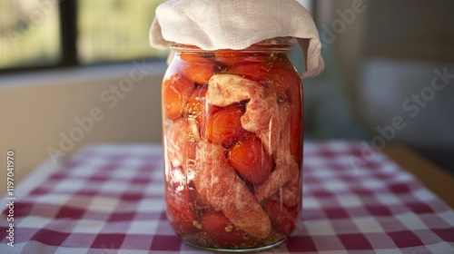 Obraz na płótnie Homemade sun-dried tomatoes preserved in a mason jar on a gingham tablecloth w salonie