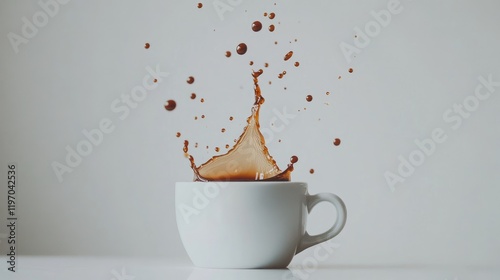 Coffee Splash:  Dynamic image of dark coffee splashing into a white cup, capturing the energy and essence of a perfect morning brew.