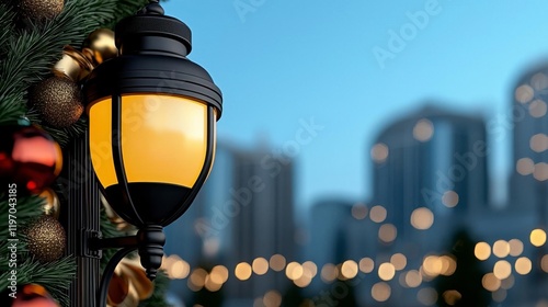 A decorated lamppost with garlands and bows. photo