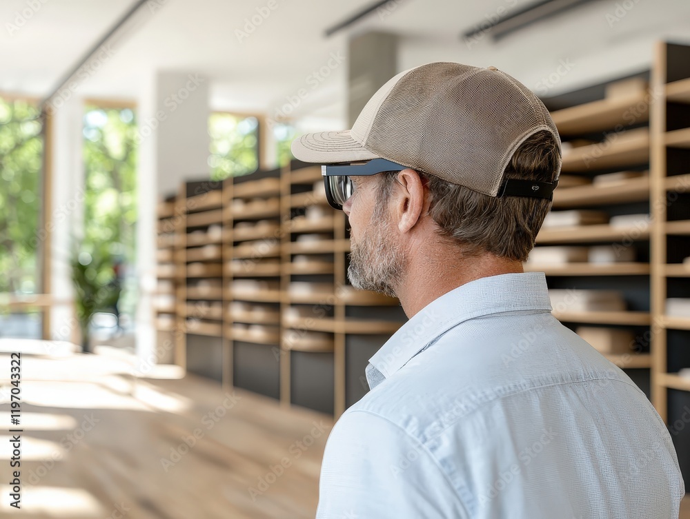Thoughtful man in a cap observing modern interior space with shelves and natural light for creative inspiration Thoughtful man in a cap observing modern interior space with shelves and natural light for creative inspiration