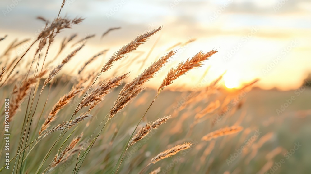 Sunlit Golden Grass Field with Soft Blades and Warm Sunset Glow During Beautiful Evening Sky Sunlit Golden Grass Field with Soft Blades and Warm Sunset Glow During Beautiful Evening Sky