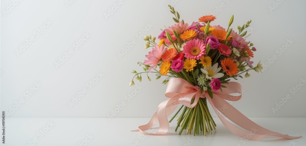 Orange and pink flower bouquet with rustic ribbon bow. Orange and pink flower bouquet with rustic ribbon bow.