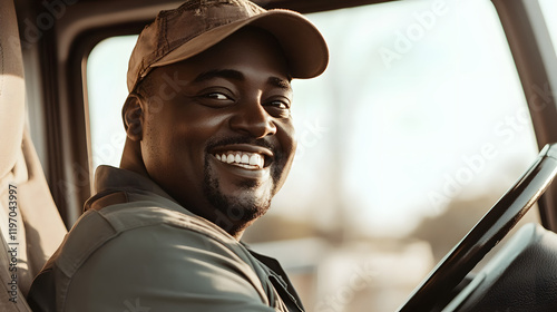 Happy black truck driver in the truck with copy space