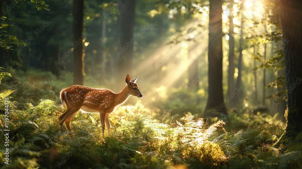 Fototapeta premium Young deer stands gracefully in a sunlit forest, surrounded by lush greenery and soft rays of light filtering through trees