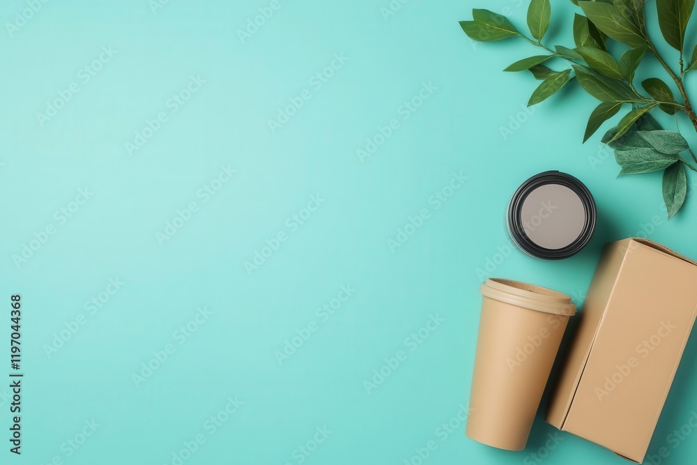 A flat lay of a coffee cup, box, and green leaves on a teal background, conveying a modern and eco-friendly aesthetic. A flat lay of a coffee cup, box, and green leaves on a teal background, conveying a modern and eco-friendly aesthetic.
