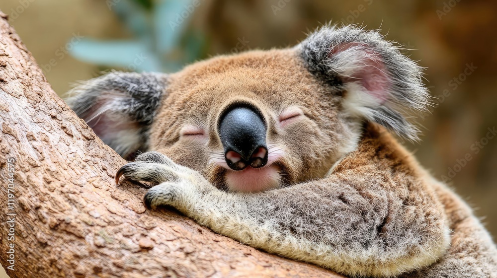 Obraz premium Sleeping Koala on Eucalyptus Branch, Wildlife Sanctuary
