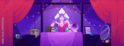 Gypsy woman medium reading future with magic crystal ball and tarot vector flat illustration, cartoon fortune teller