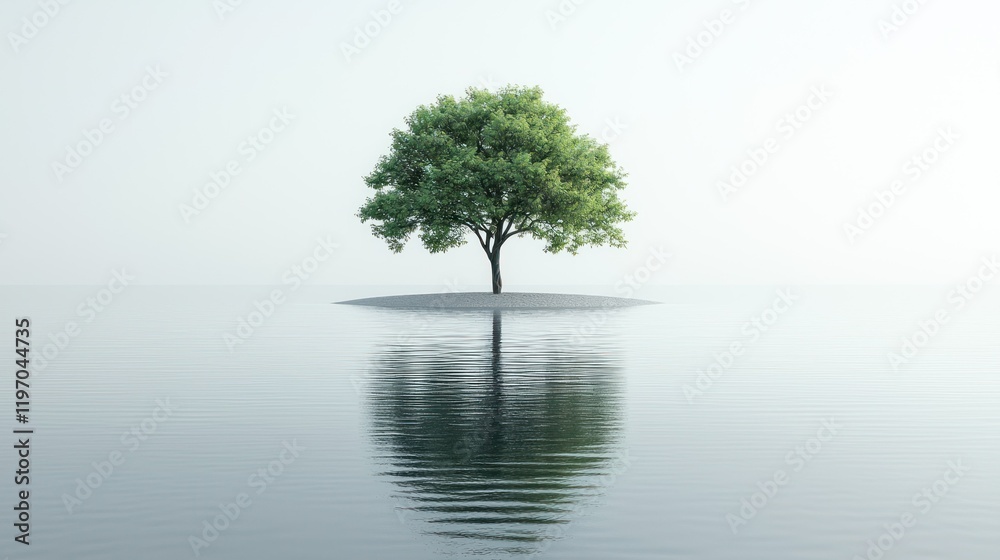 Solitude on a Misty Lake: A Single Tree Reflecting Serenity