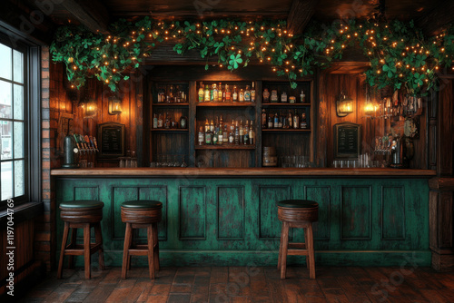 Brightly lit pub features vibrant green decor and twinkling lights, creating a festive ambiance for St Patricks Day celebrations, inviting friends and families to gather and enjoy photo