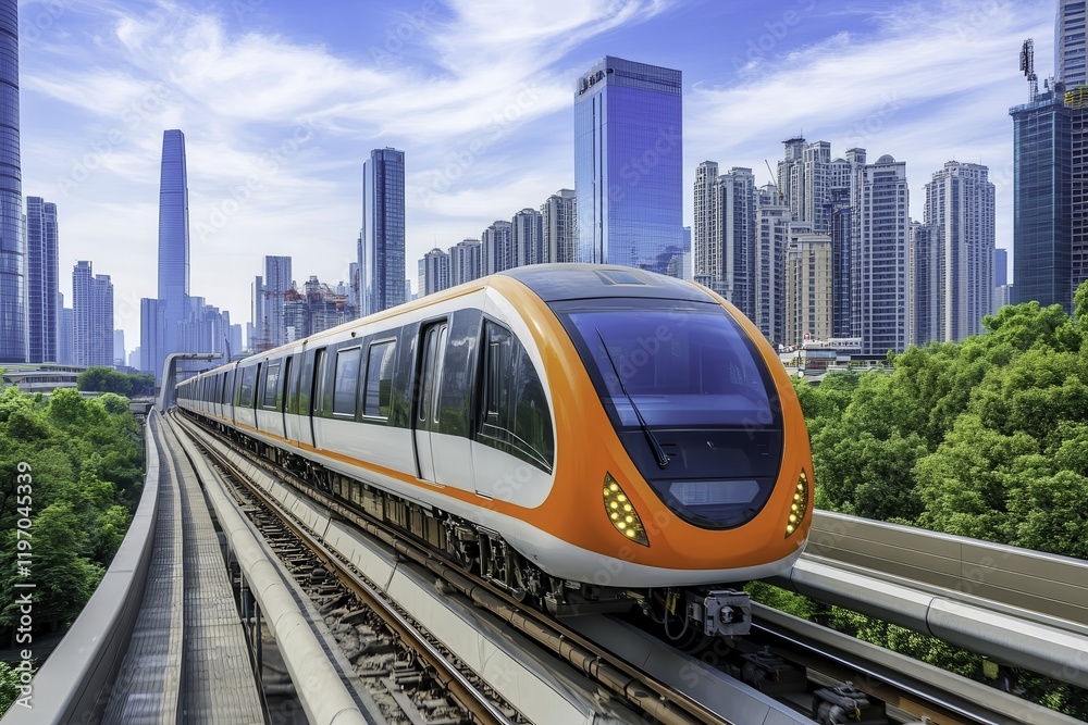 Naklejka premium Modern Train Traveling Through Urban Landscape