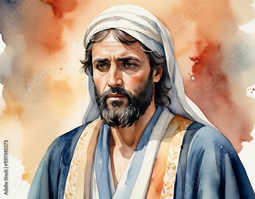 Watercolor Potrait Illustration of Judas Iscariot, one of the original Twelve Apostles of Jesus Christ. Judas betrayed Jesus to the Sanhedrin in the Garden of Gethsemane