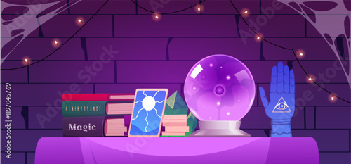 Fortune tellers room interior with occult items, vector cartoon magic ball, witchcraft divination ritual accessories