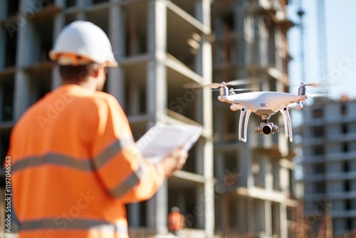 Construction site with drone in action, worker monitoring progre photo