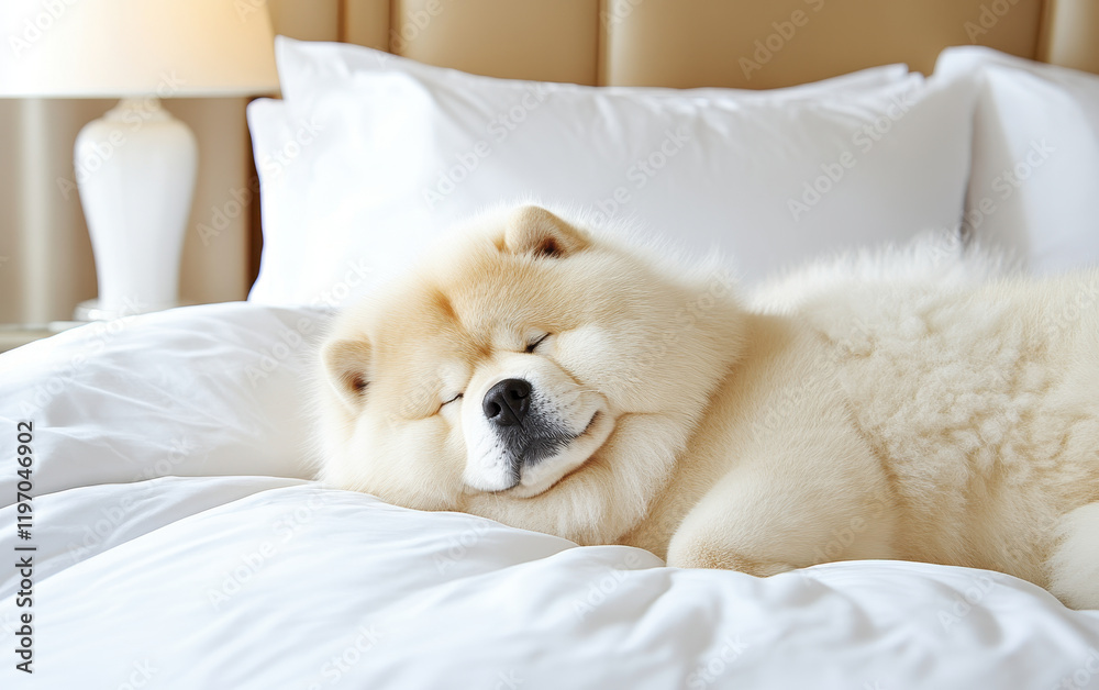 calm Chow Chow dog peacefully sleeping on luxurious bed, exuding tranquility and comfort calm Chow Chow dog peacefully sleeping on luxurious bed, exuding tranquility and comfort