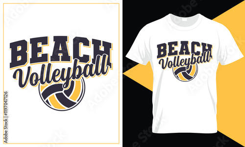 Beach Volleyball t-shirt design. Beach volleyball with palm-trees and game in action. Beach volleyball vintage typography silkscreen t-shirt print vector illustration. Volleyball t-shirt design...