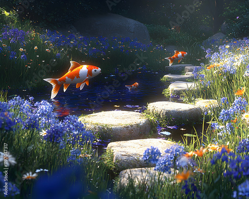 Serene koi fish leap over stepping stones in a vibrant, floral garden pond. Tranquil scene ideal for relaxation and mindfulness themes. photo
