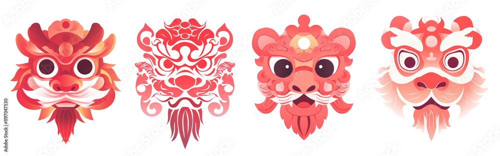 Fototapeta premium PNG Vibrant traditional dragon masks, element set on transparent background