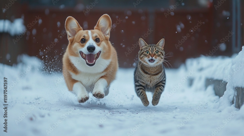 Happy dog and cat running snowy yard, winter Happy dog and cat running snowy yard, winter