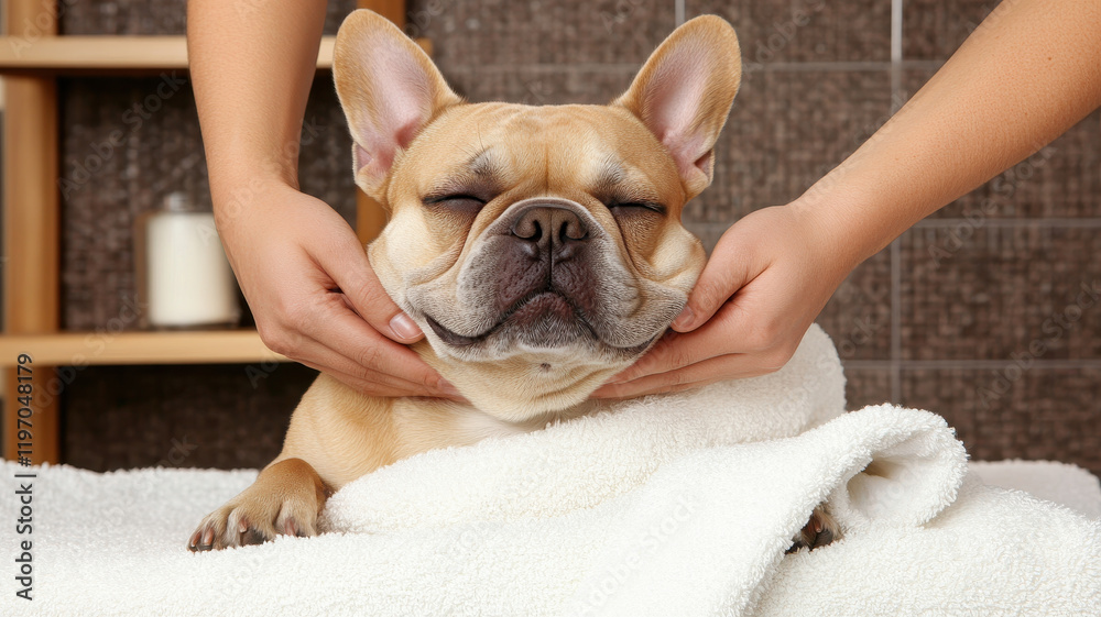 relaxed French Bulldog enjoying soothing massage in spa setting