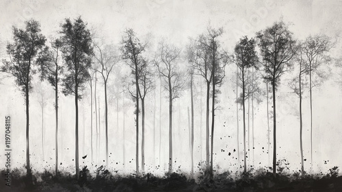 Wallpaper Mural Tall Trees Monochrome Forest Minimalist Ink Splash Art Misty Background Torontodigital.ca