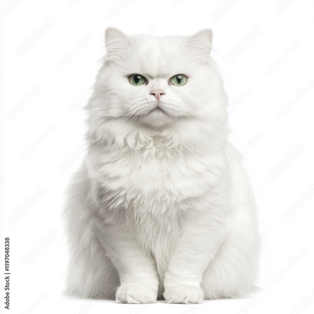 Majestic White Cat with Green Eyes Sitting on White Background Majestic White Cat with Green Eyes Sitting on White Background