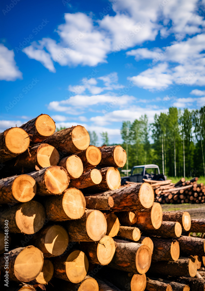 logging industry vertical background. Timber harvesting site. Pile of raw timber logging industry vertical background. Timber harvesting site. Pile of raw timber