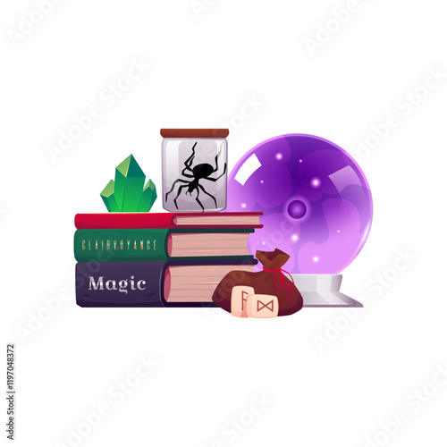 Fortune tellers accessories, occult ritual items vector flat illustration, magic crystal ball, clairvoyance books, runes