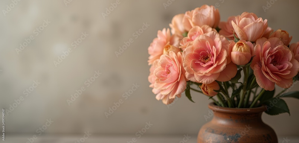 Obraz premium Rustic bouquet of orange flowers in a ceramic vase.