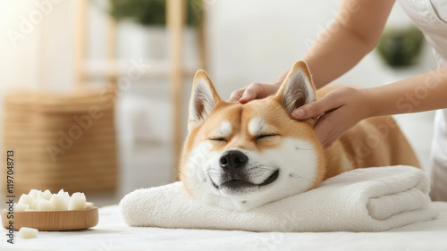 serene Basenji enjoying relaxing massage on soft towel, radiating calmness and comfort