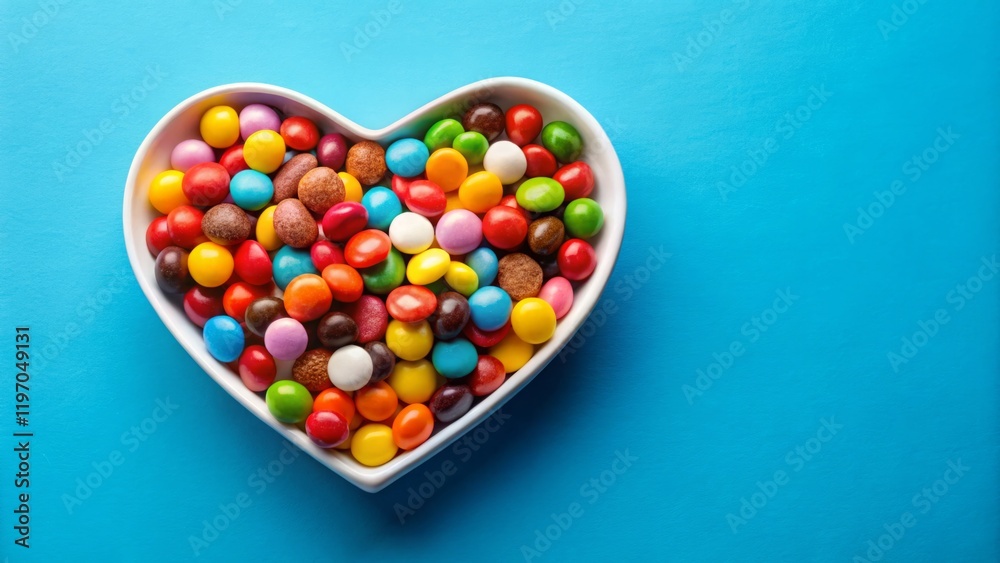 Colorful Candies in Heart-Shaped Bowl on Blue Surface Colorful Candies in Heart-Shaped Bowl on Blue Surface