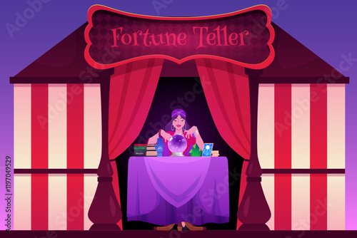 Gypsy woman medium reading future with magic crystal ball and tarot vector flat illustration cartoon fortune teller tent