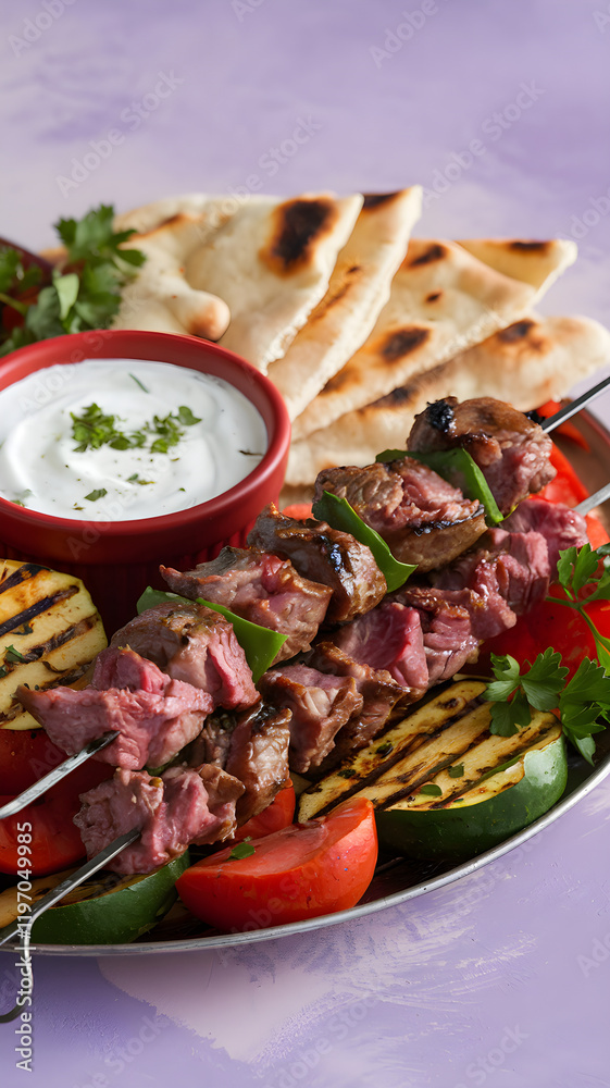 Turkish Kebab Platter with Lamb Skewers and Grilled Vegetables Turkish Kebab Platter with Lamb Skewers and Grilled Vegetables
