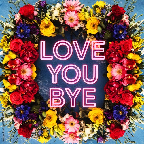 love you bye neon text on poster decorated by a floral fram with colorful flowers against a blue bakcdrop for wallart idea photo