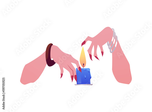 Vector element with female hands over burning candle for fortune telling on a white background