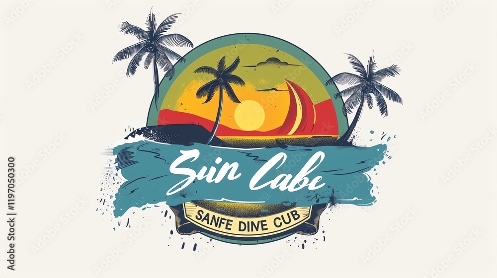 Fototapeta premium A vintage-inspired logo featuring a tropical island with a sunset and a boat, palm trees and a banner that says 