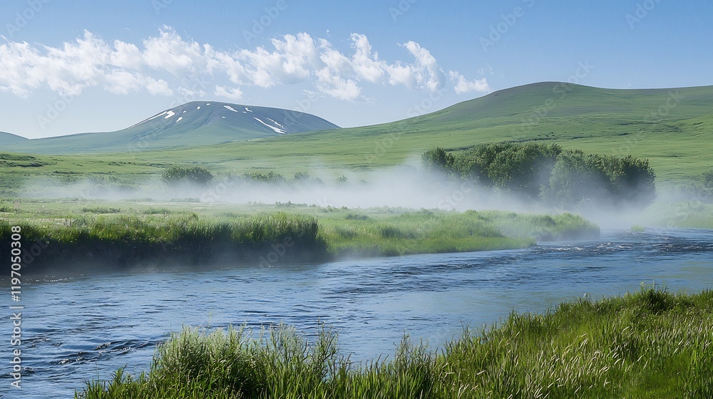Misty river flowing through green valley, mountain background, peaceful nature scene, ideal for travel brochures Misty river flowing through green valley, mountain background, peaceful nature scene, ideal for travel brochures