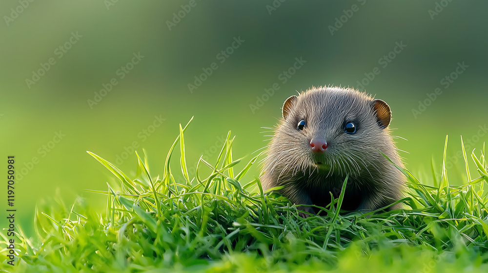 Mole Emerging from Grassy Lawn with Cute Expression Mole Emerging from Grassy Lawn with Cute Expression