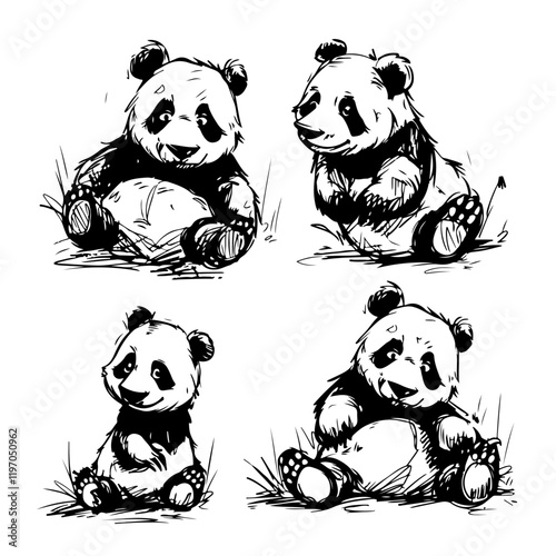 Linear sketch panda, doodle art, different poses of the animal by hand. Coloring, on a white background vector.