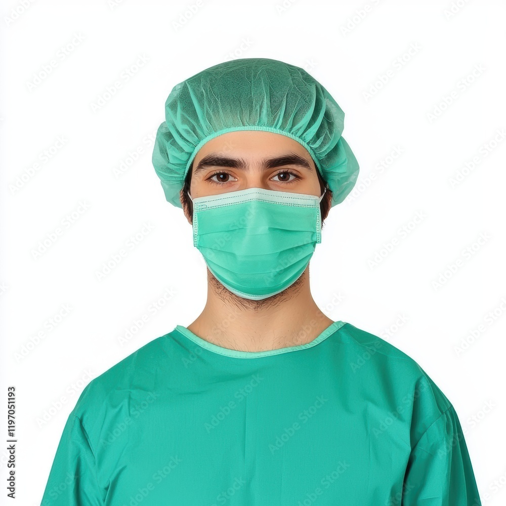 Medical Professional in Surgical Attire with Mask and Cap Medical Professional in Surgical Attire with Mask and Cap